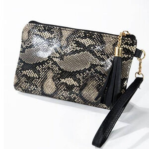 Python Snake Animal Print Zip Top Tassel Wristlet Clutch Womens Accessory Bag